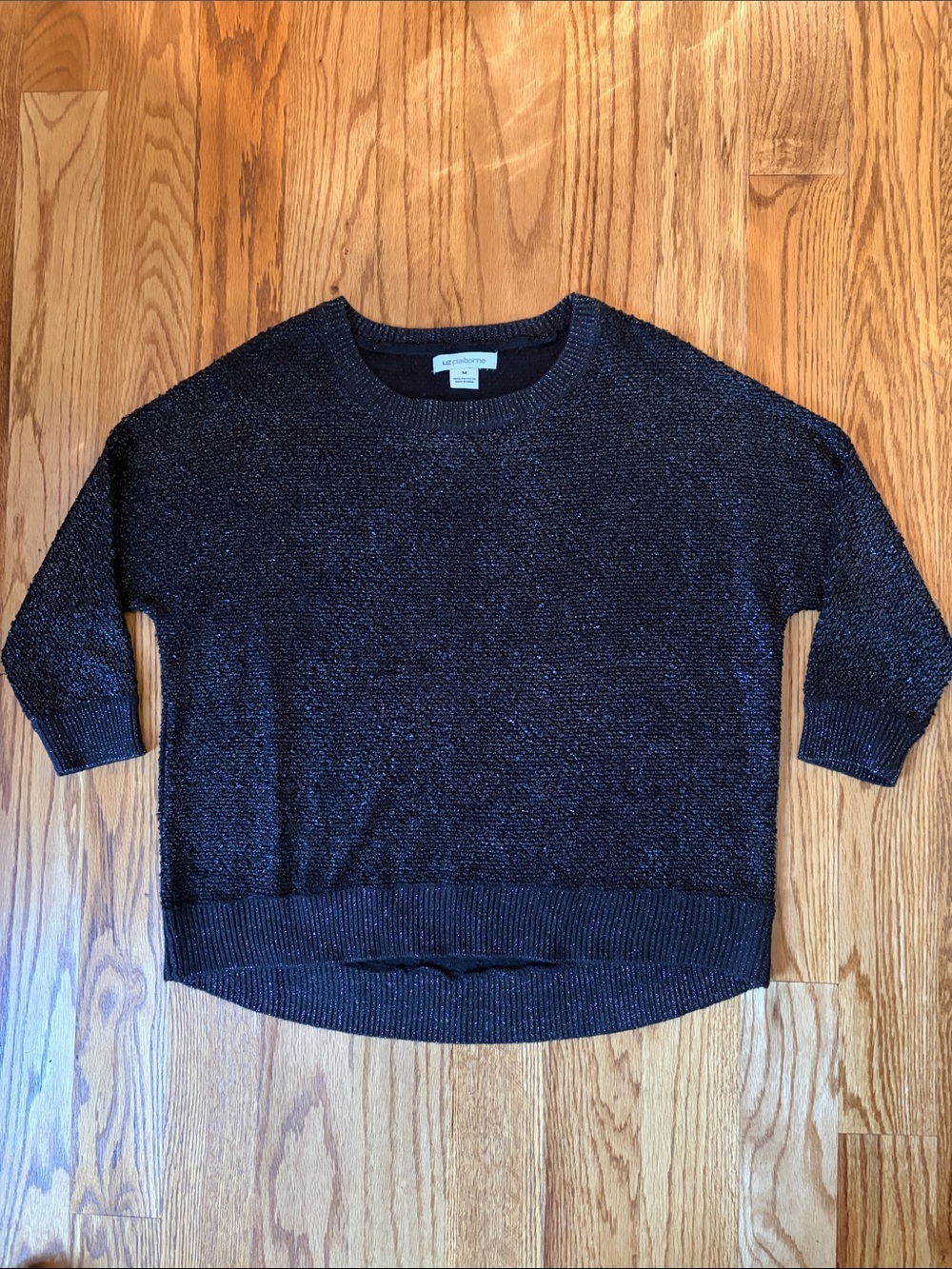 Liz Claiborne Black Metallic Scoopneck Knit 3/4 Sleeve Sweater. Size: Medium